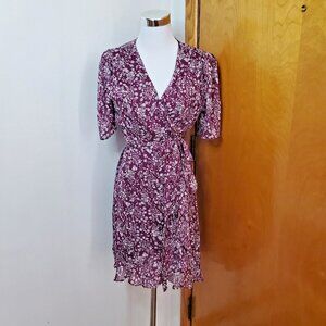 Mi Ami Mini Wrap Dress Women's M V-Neck Short Sleeve Lined Wine Red Floral